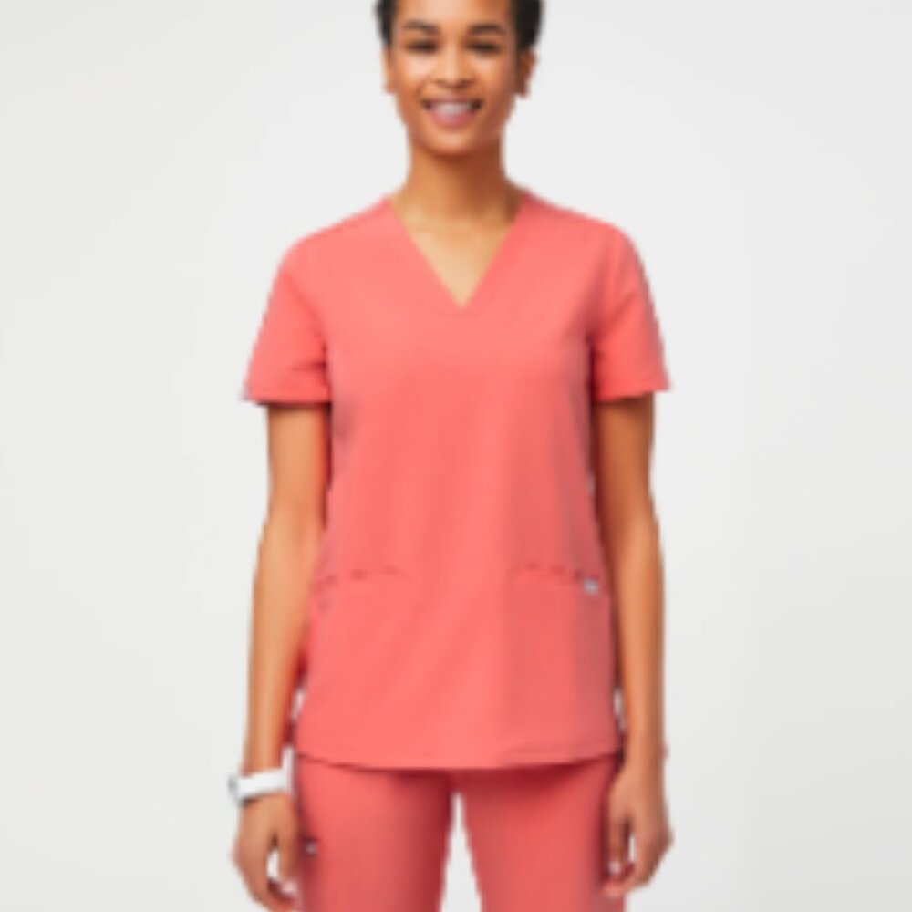 Hot Coral Casma™ - Three-Pocket Scrub Top